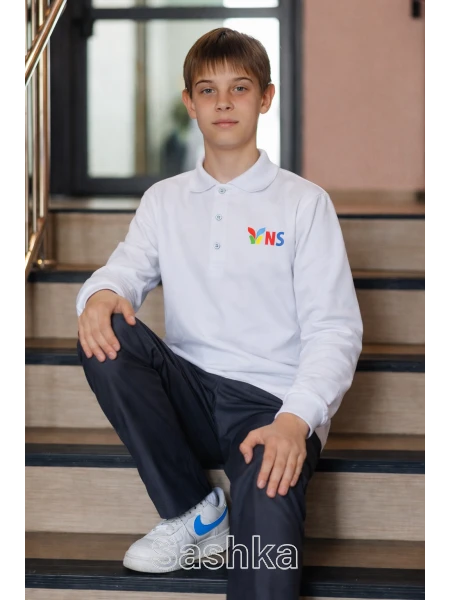 Поло для хлопчика з довгим рукавом біле з логотипом школи NSS, розмір 116-188